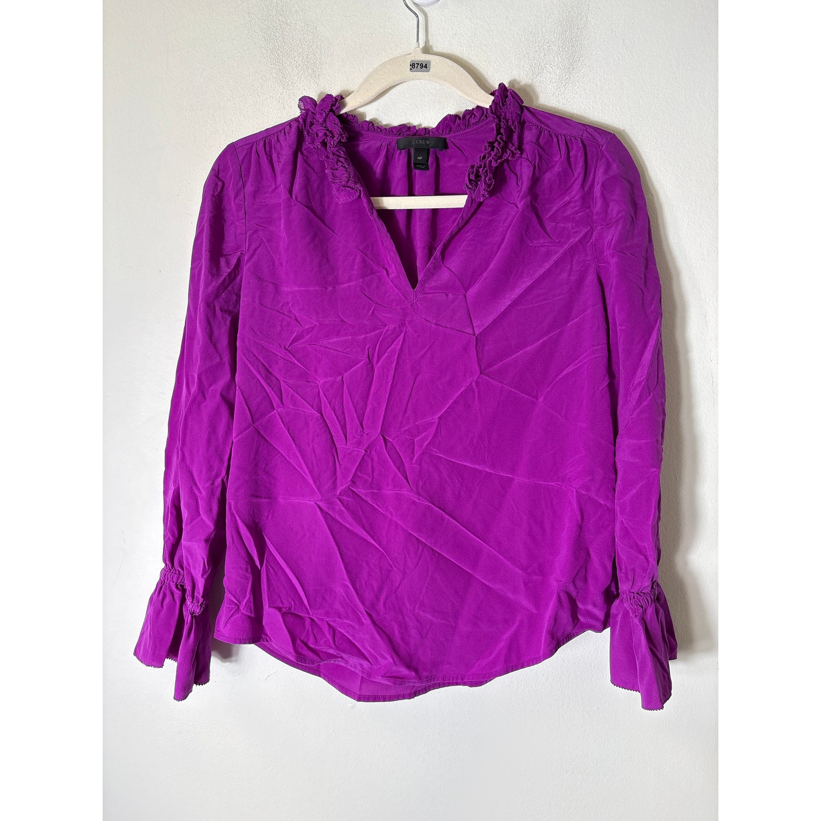 J.Crew Purpe Ruffle Neck Long Sleeve Blouse Sz 4p